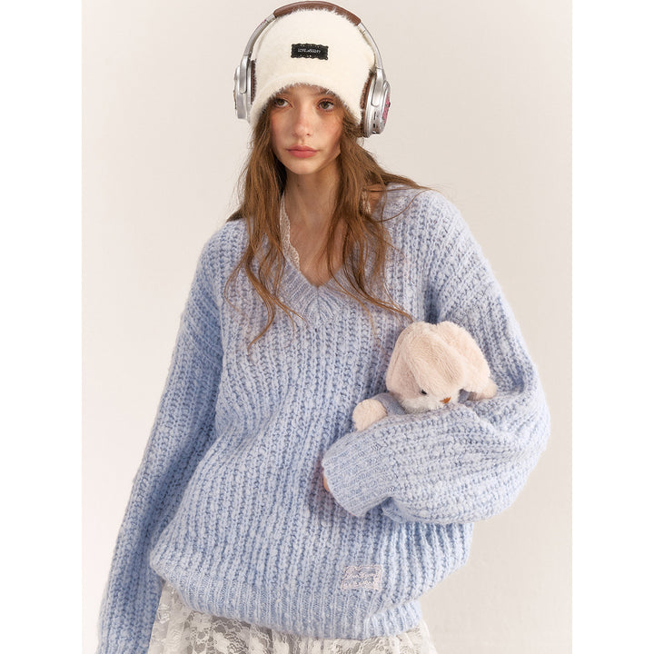 AsGony Blended Woolen V-Neck Knit Sweater Blue