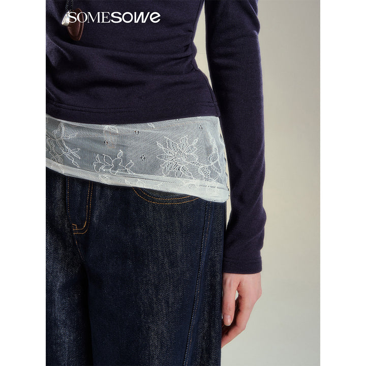 SomeSowe Color Blocked Casual Denim Pants Dark Blue