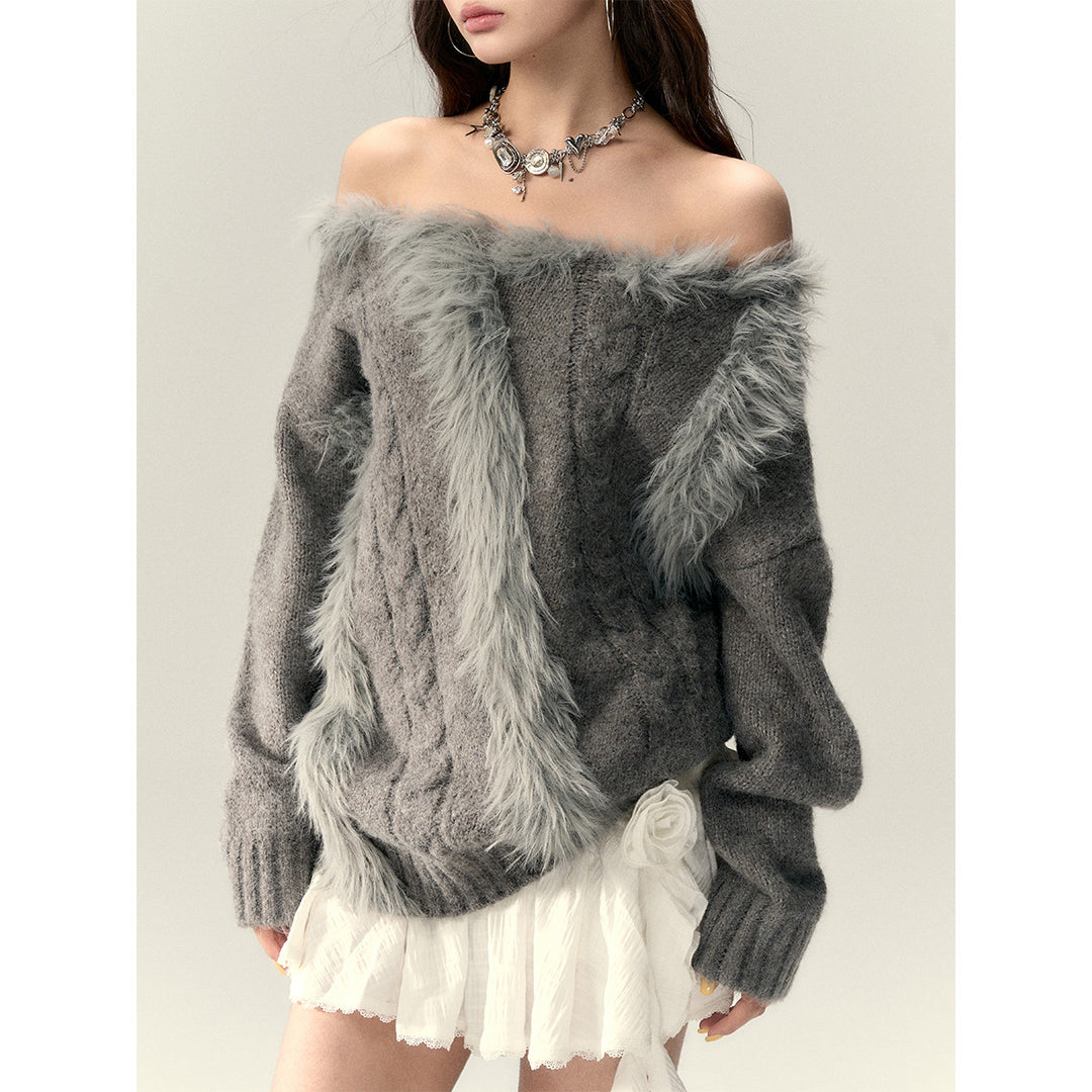 Via Pitti Off Shoulder Fur Integrated Knit Sweater Gray