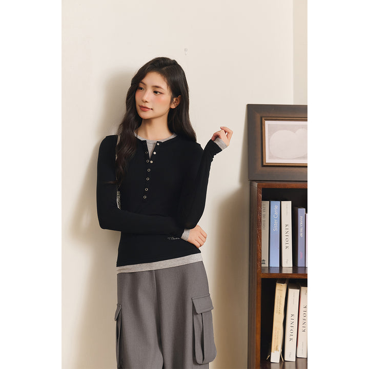 Three Quarters Fake-2-Piece Wool Knit Base Top Black