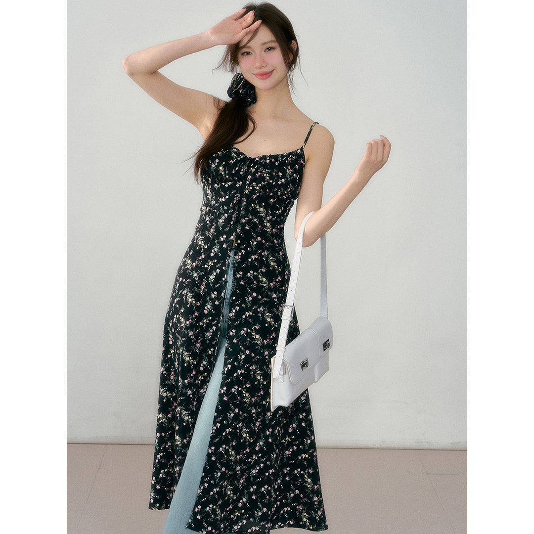 AsGony Panelled Lace Floral Slip Long Dress Black