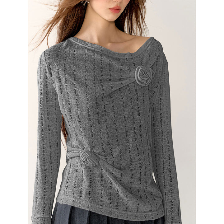 AsGony 3D Flower Hollow Cutting Knit Top Gray