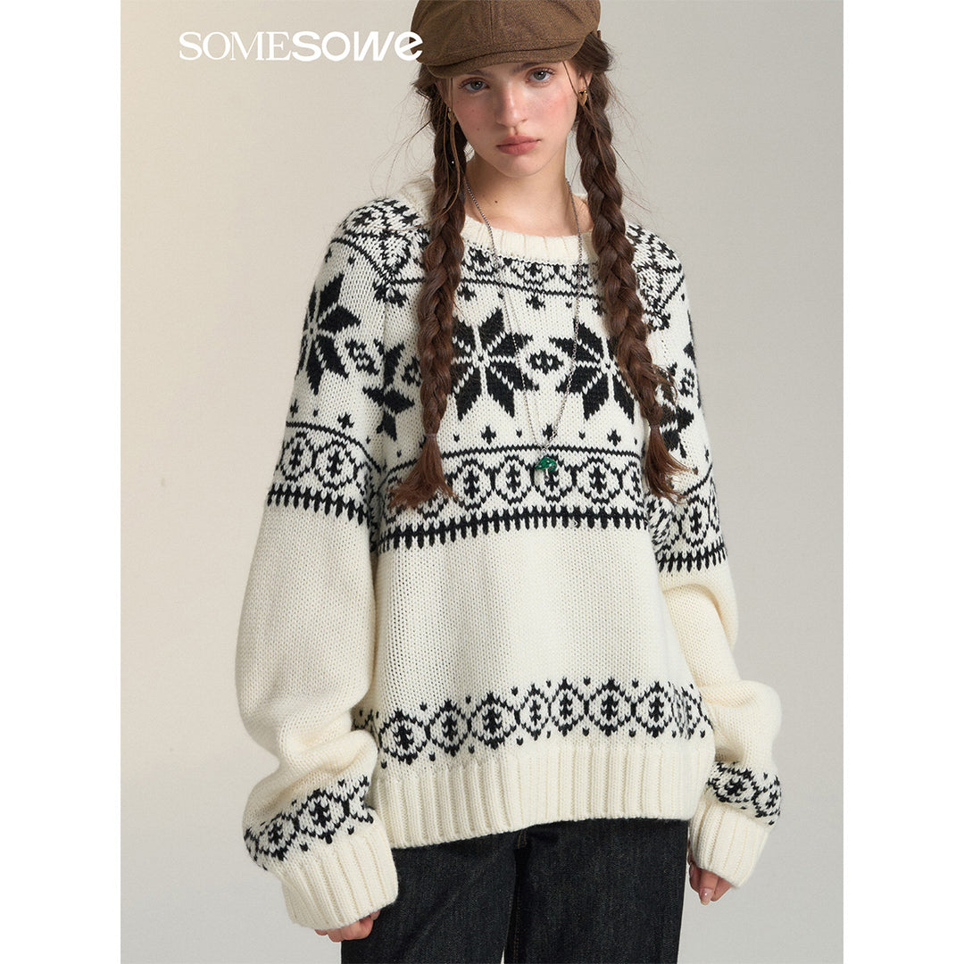 SomeSowe Vintage Jacquard Round-Neck Knit Sweater White