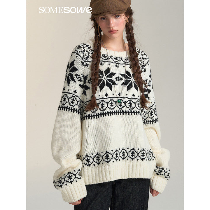 SomeSowe Vintage Jacquard Round-Neck Knit Sweater White