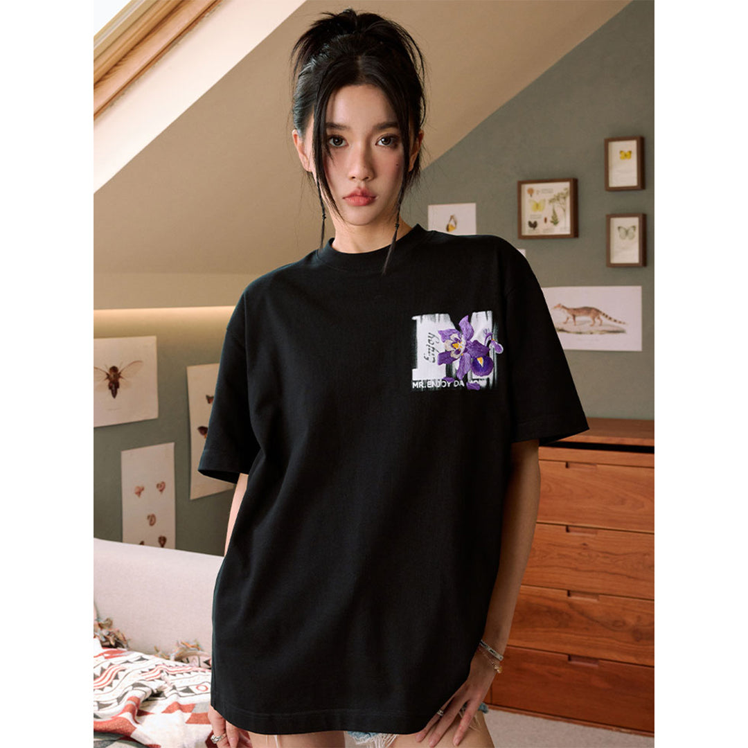 MEDM Mottled Logo Floral Embroidery Tee Black