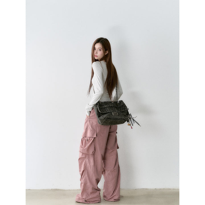 Via Pitti Mesh Big Pocket Casual Cargo Pants Pink