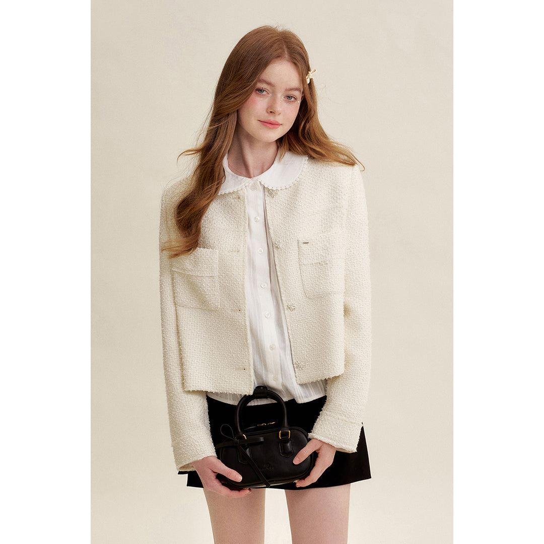 Kroche Heavy Floral Button Tweed Jacket White