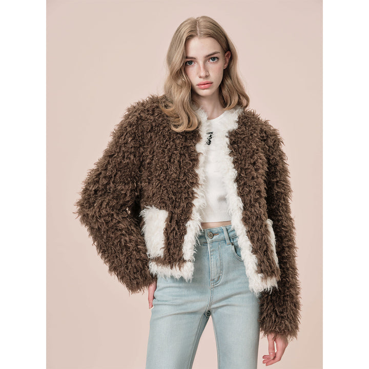 Rocha Roma Color Blocked Curly Fur Jacket Brown