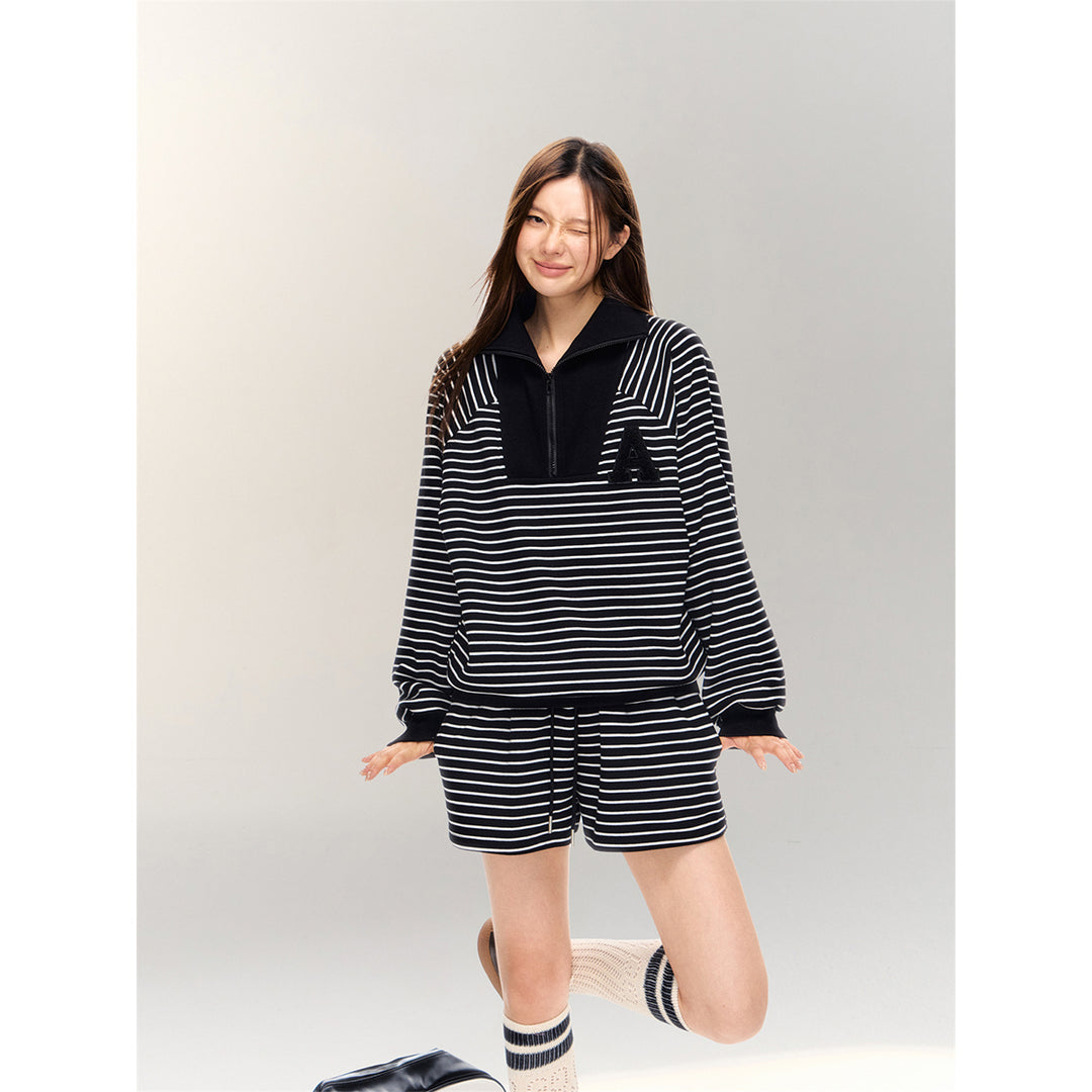 AsGony Striped Drawstring Casual Shorts Black