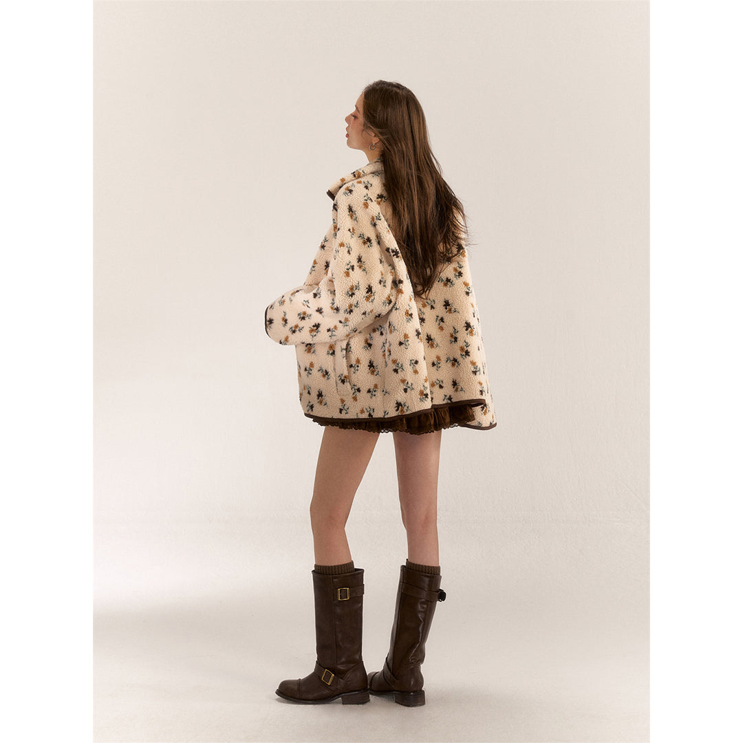 AsGony Retro Floral Lapel Woolen Padded Jacket