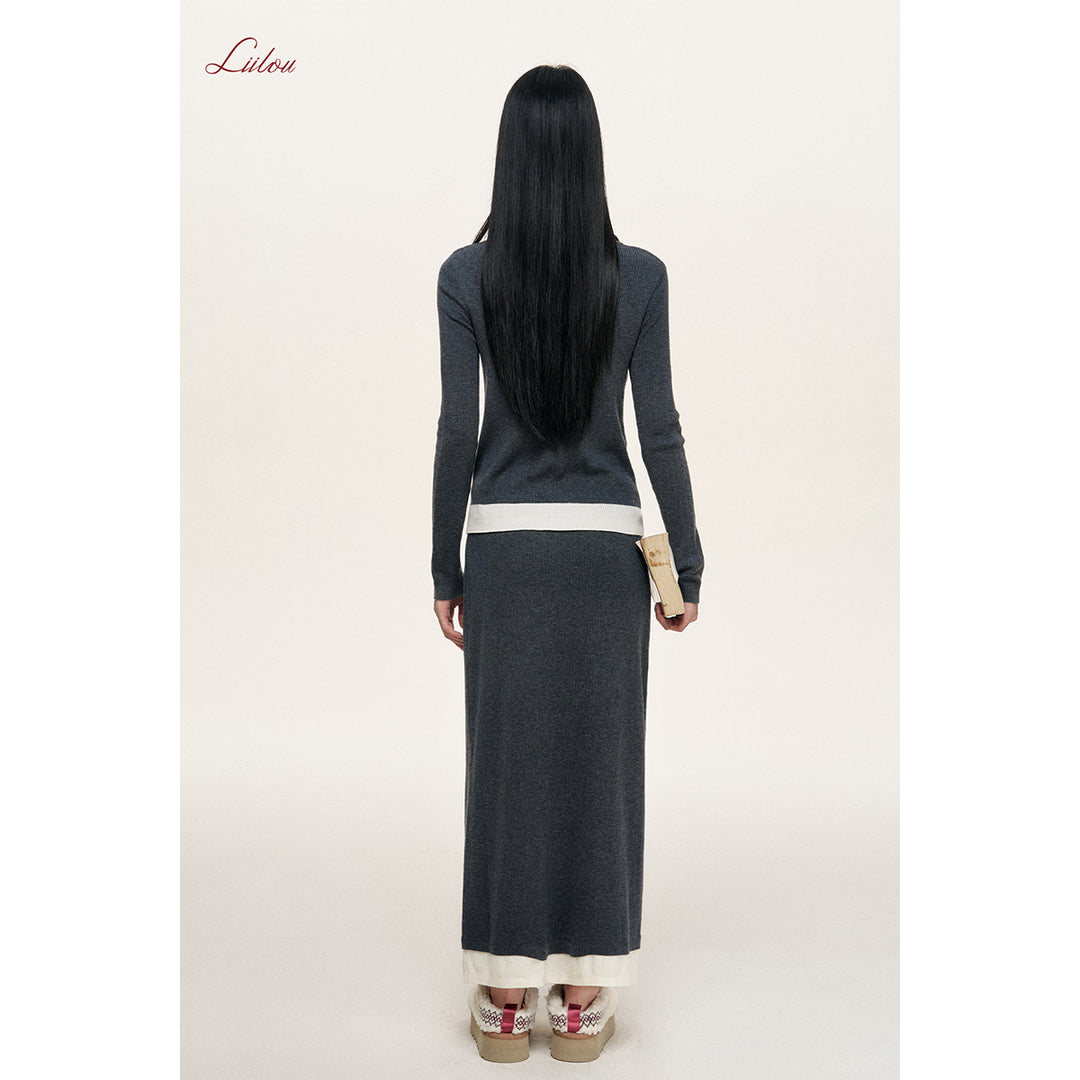 Liilou Merino Woolen Fake-2-Piece Knit Long Skirt Dark Gray