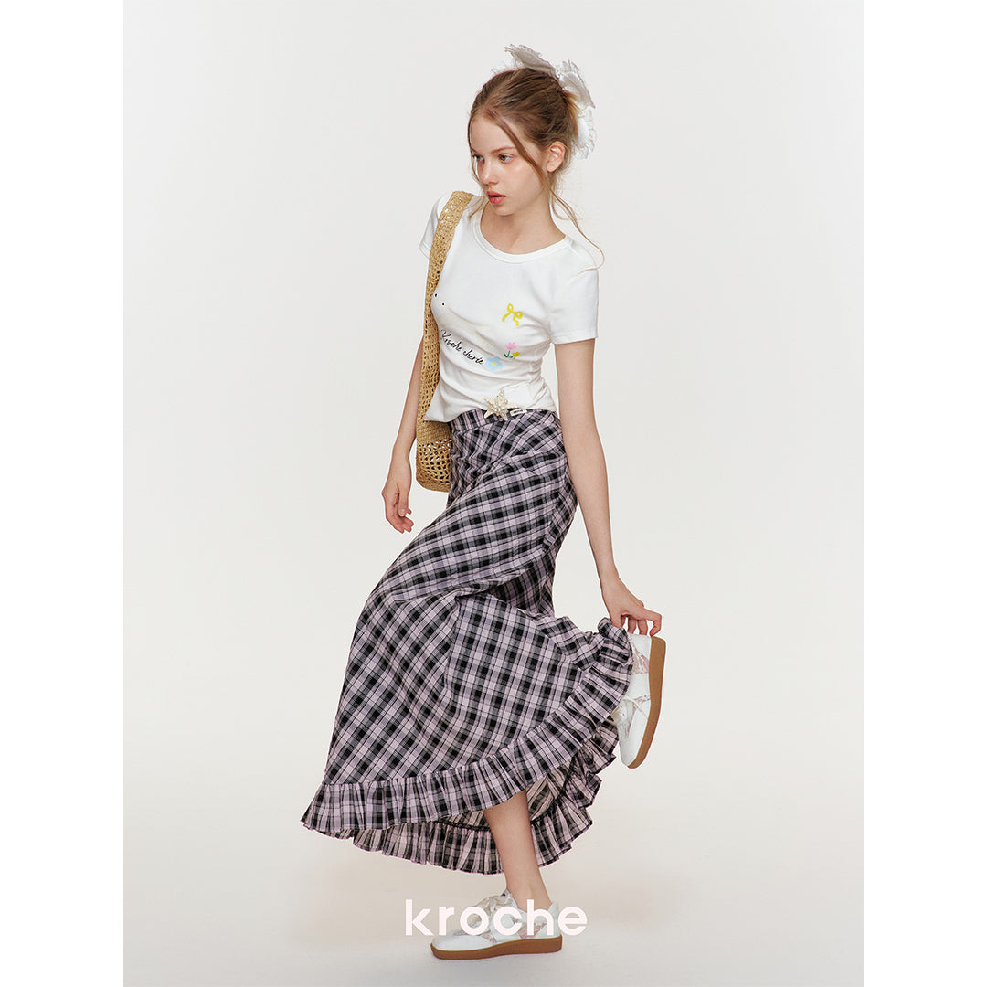 Kroche Wrinkle Hem High Waist Plaid Long Skirt