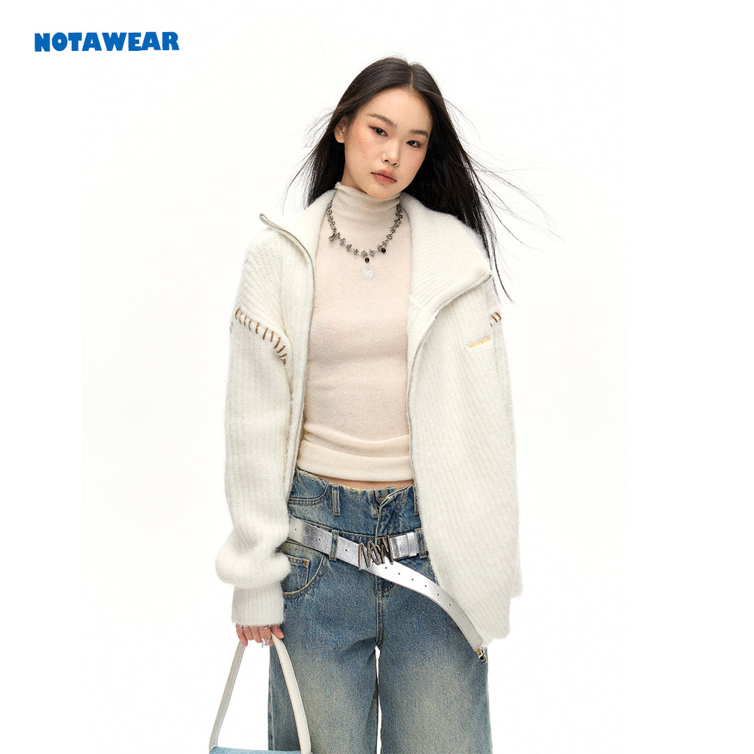 NotAwear Color Blocked Drawstring Zipper Knit Sweater White - Mores Studio