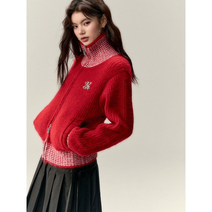 Via Pitti Color Blocked High Collar Knit Cardigan Red