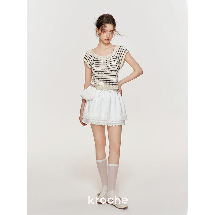 Kroche Hollow Out Lace Up Striped Knitted Top