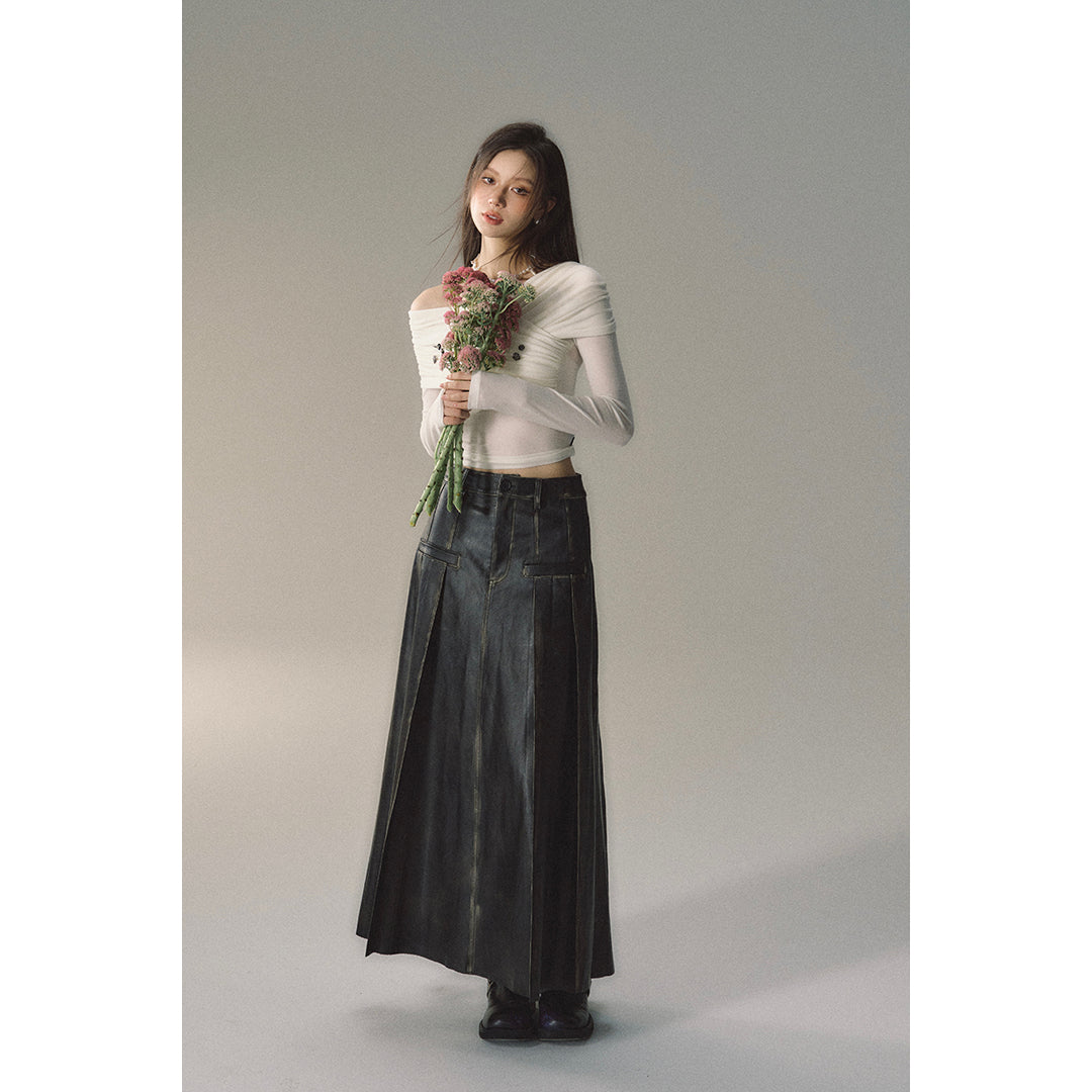 Via Pitti Brush-Off Leather Pleated Long Skirt - Mores Studio