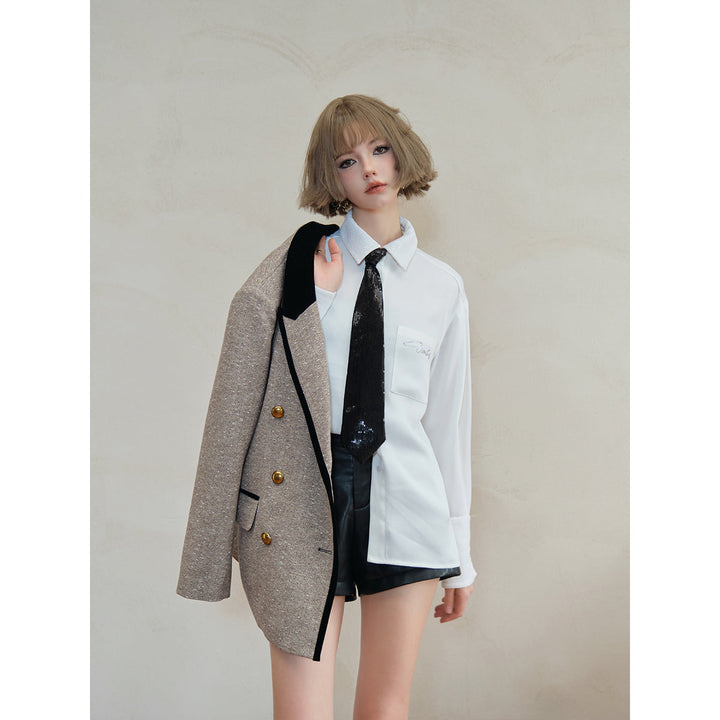 Eimismosol Color Blocked Gold Button Blazer & Shirt Set - Mores Studio