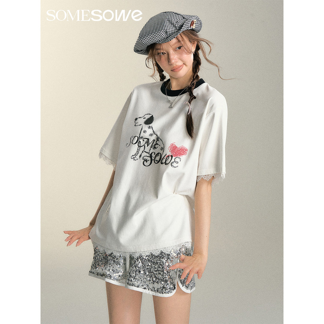 SomeSowe Spotted Puppy Heart Lace Edge T-Shirt