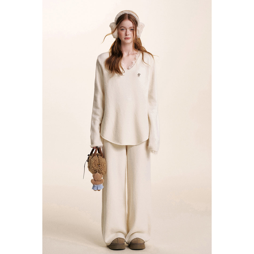 Kroche Elastic-Waist Casual Knit Pants Cream