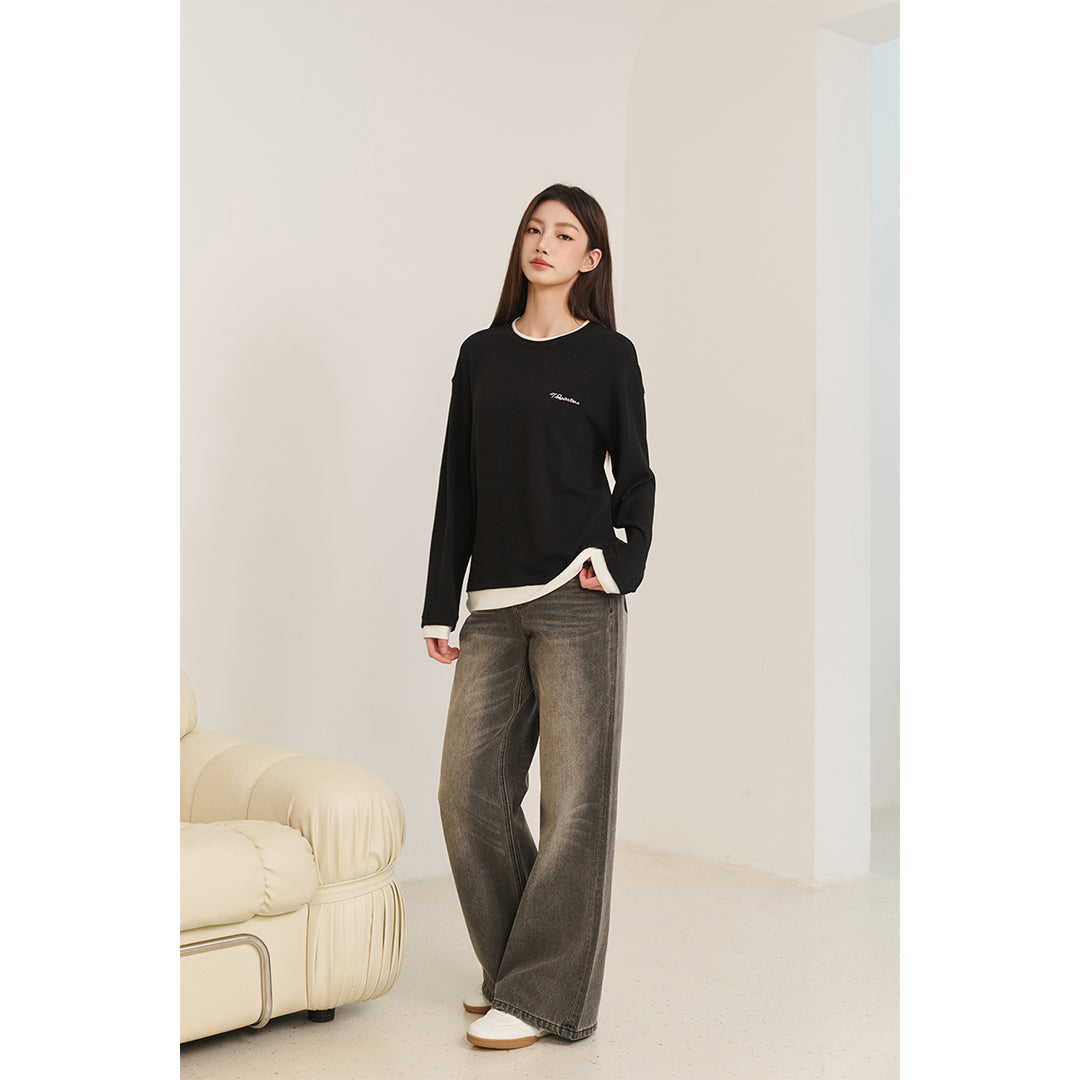 Three Quarters Fake-2-Piece Mousse Cashmere Loose Top Black