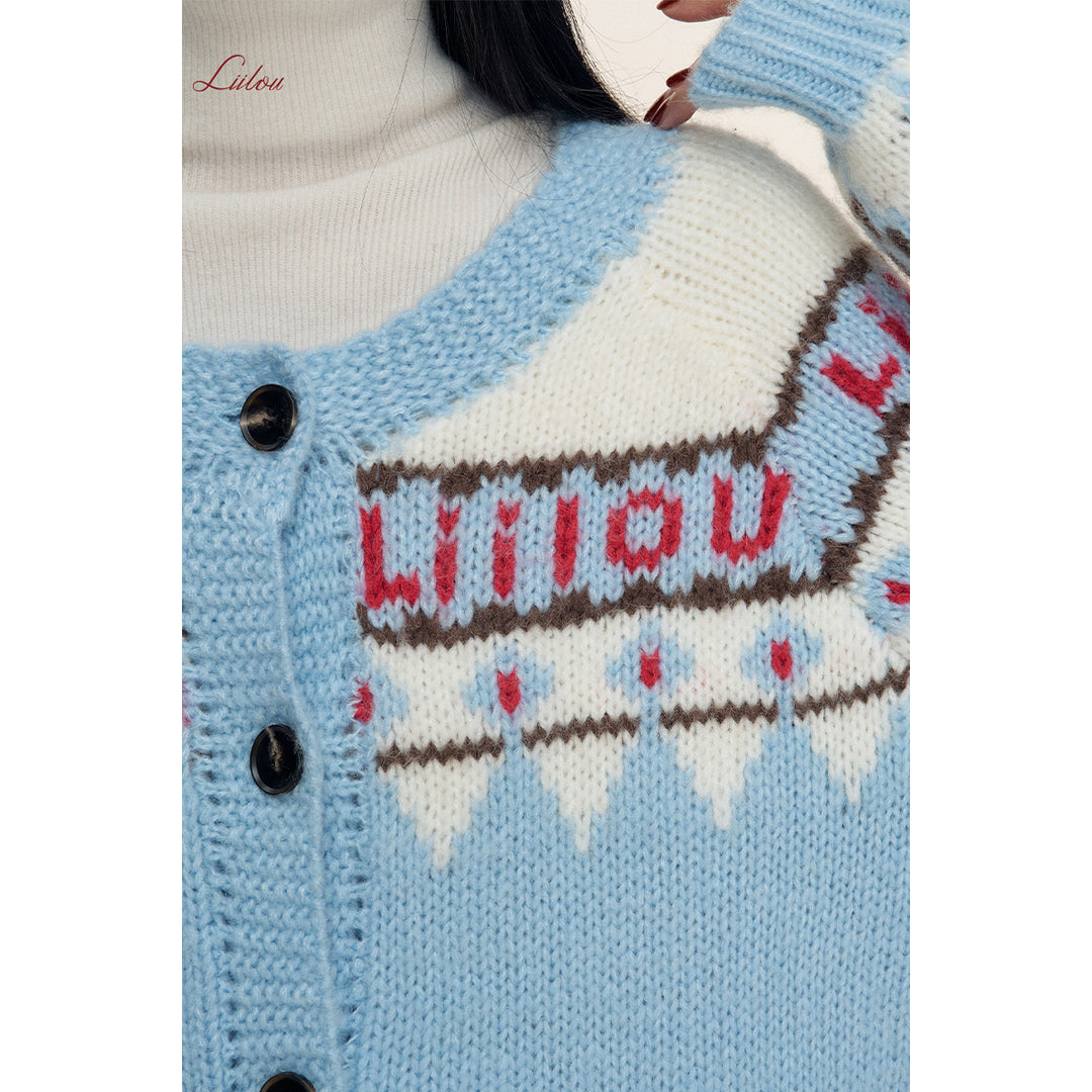 Liilou Fair Isle Jacquard Woolen Knit Cardigan Blue