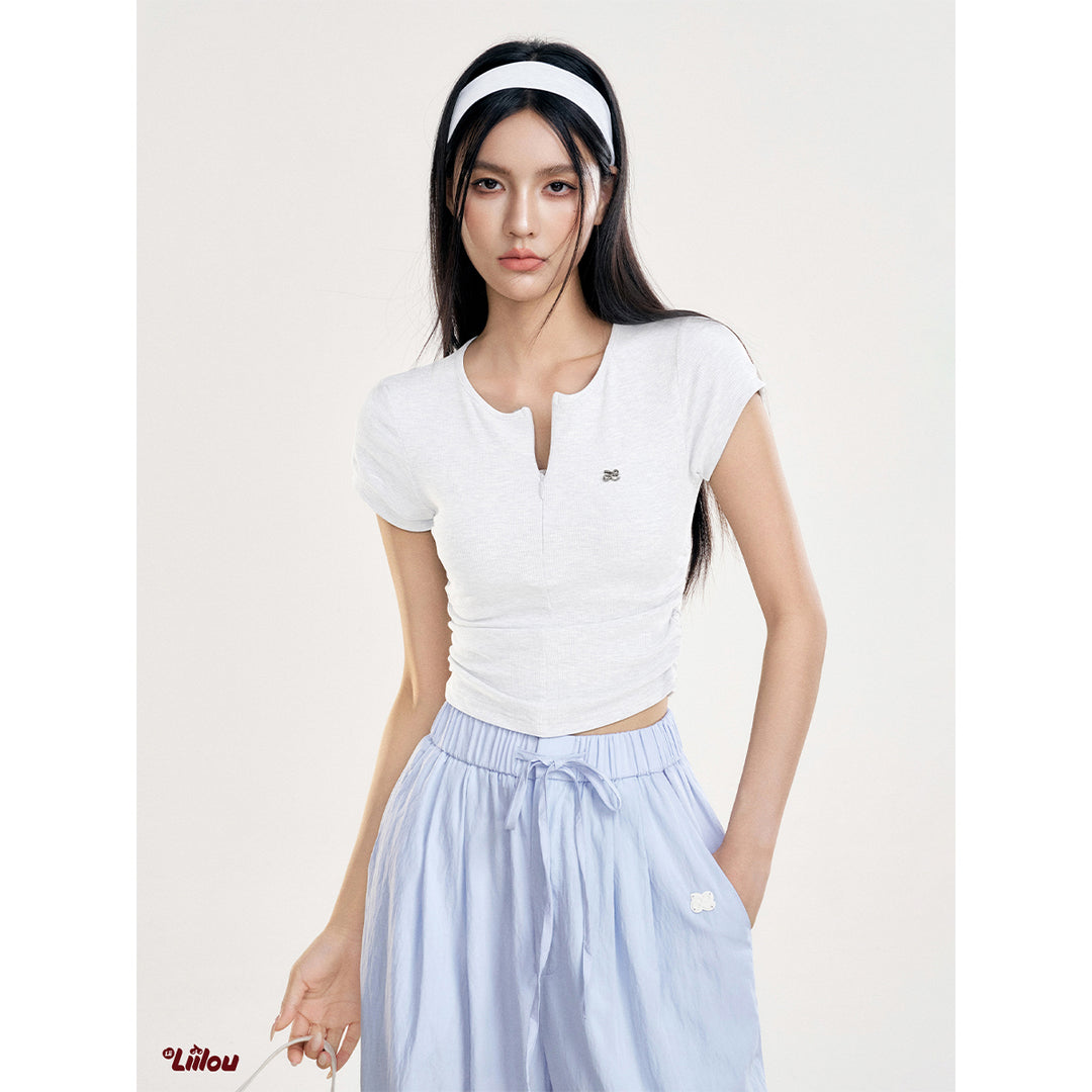 Liilou Zip Up Pleated Waisted Slim T-Shirt White