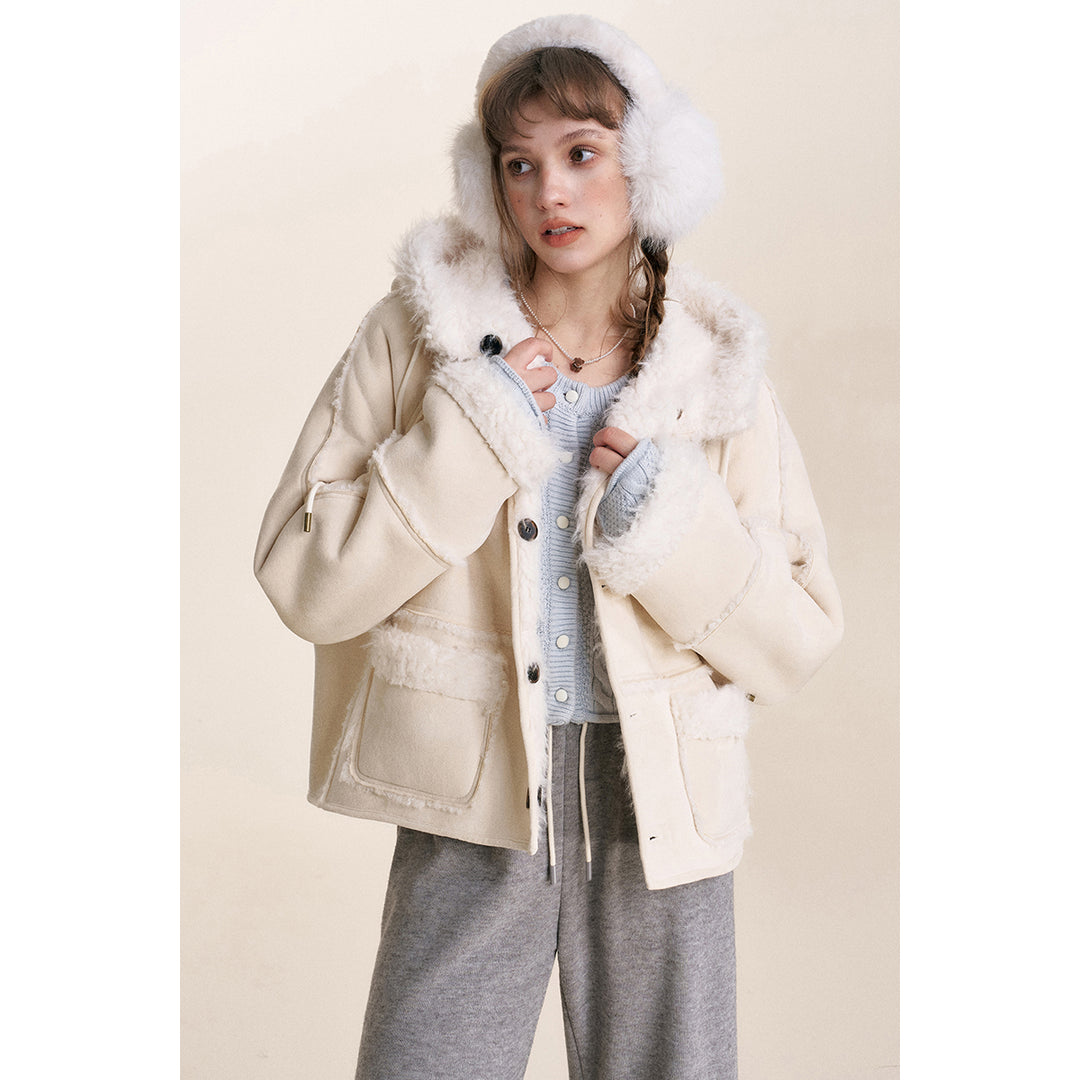 Kroche Reversible Suede Patchwork Hooded Jacket White