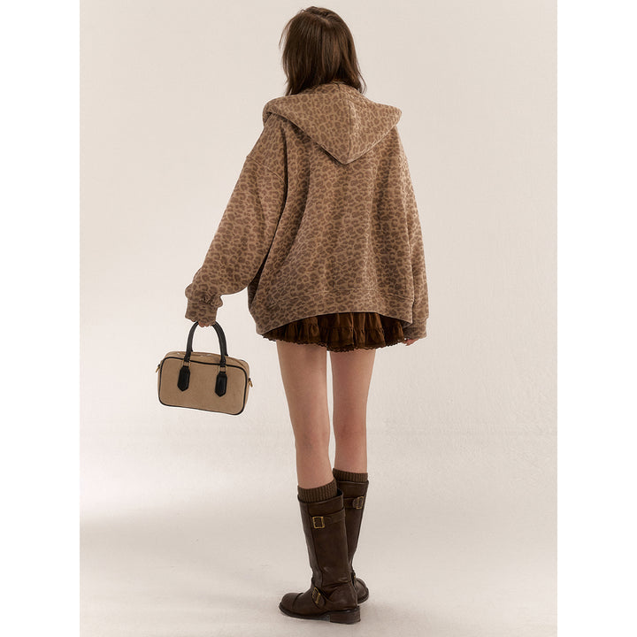 AsGony Leopard Bow Embroidery Hoodie Brown