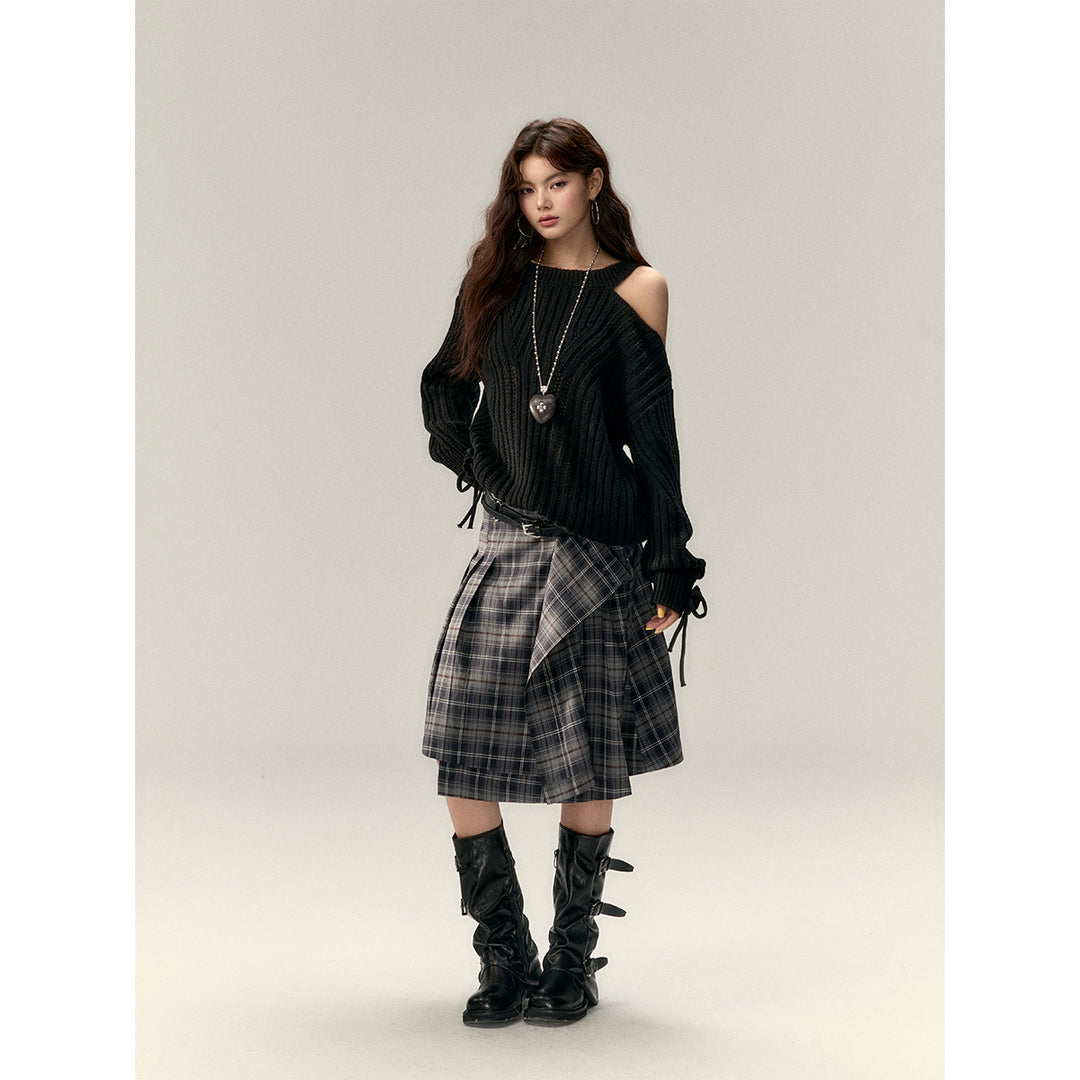 Via Pitti Irregular Plaid Loose Skirt Gray