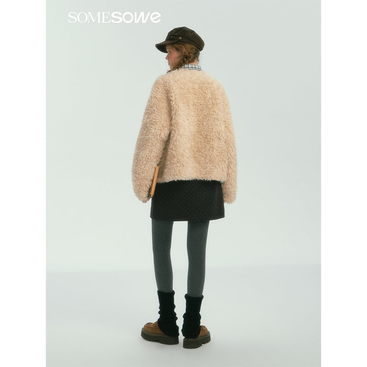 SomeSowe Tassel Horn Button Furry Jacket Beige