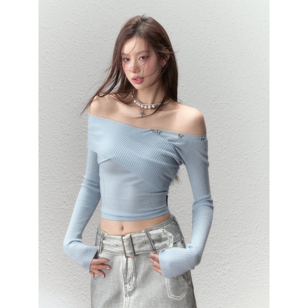 Via Pitti Bow-Knot Pin Off Shoulder Knit Top Blue
