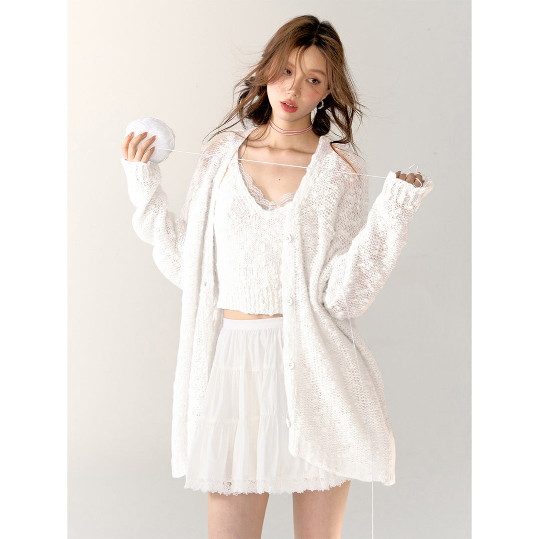 AsGony Lace Patchwork Knit Slip Vest White