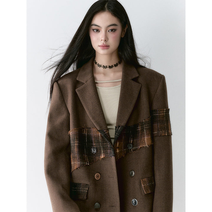 Via Pitti Heavy Plaid Patchwork Mid-Length Coat Brown