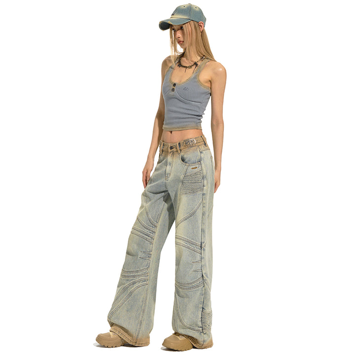 NAWS Distressed Washed Low-Rise Wide-Leg Jeans