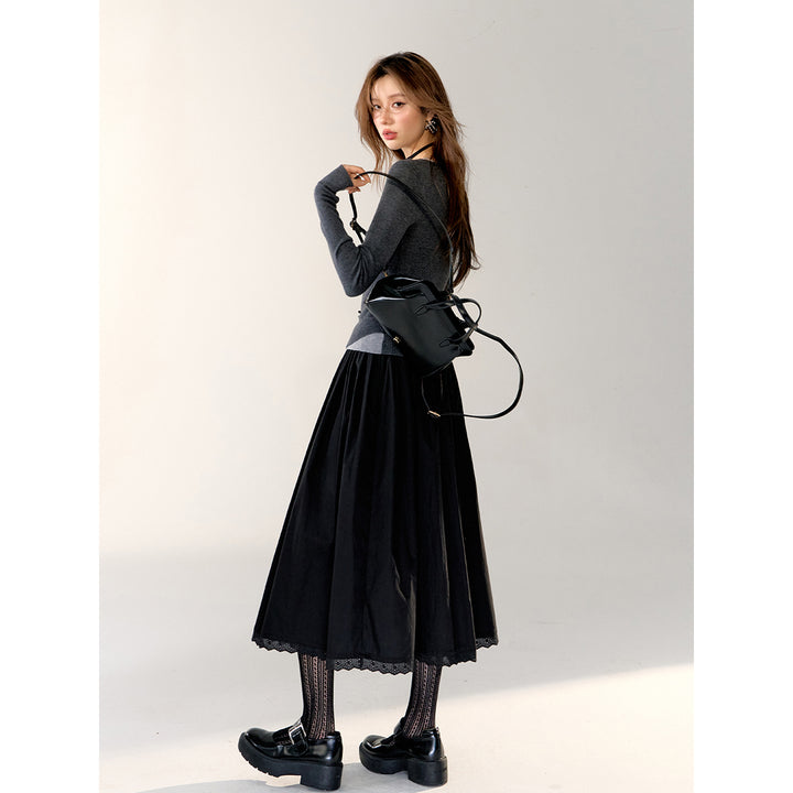 AsGony Lace Patchwork Drawstring Long Skirt Black