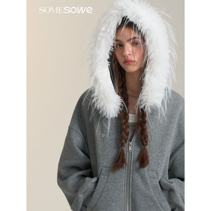 SomeSowe Detachable Fur Collar Hooded Top Jacket Gray