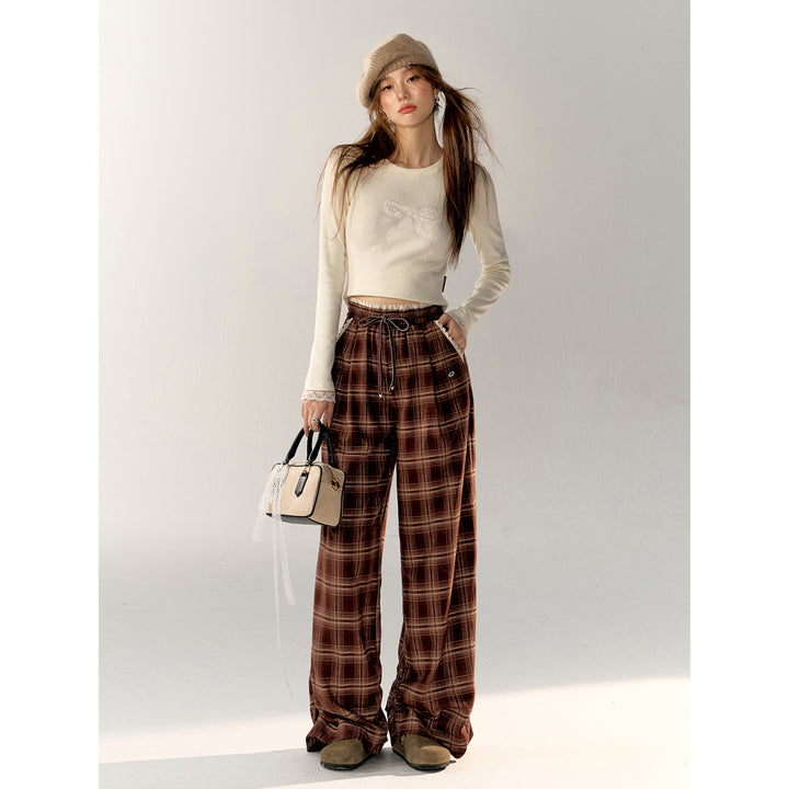 AsGony Retro Plaid High Waist Wide-Leg Pants Brown