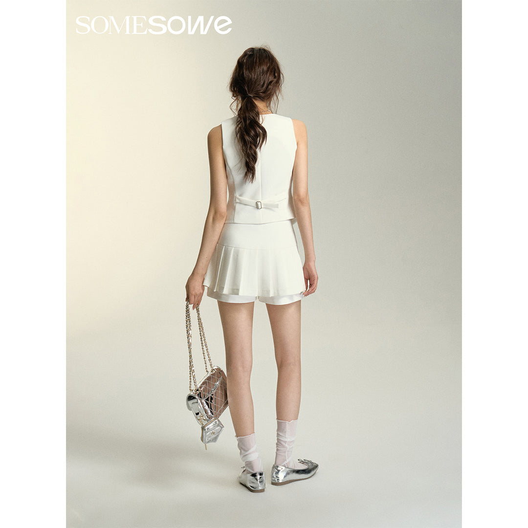 SomeSowe Preppy Lace-Up Pleated Skirt White