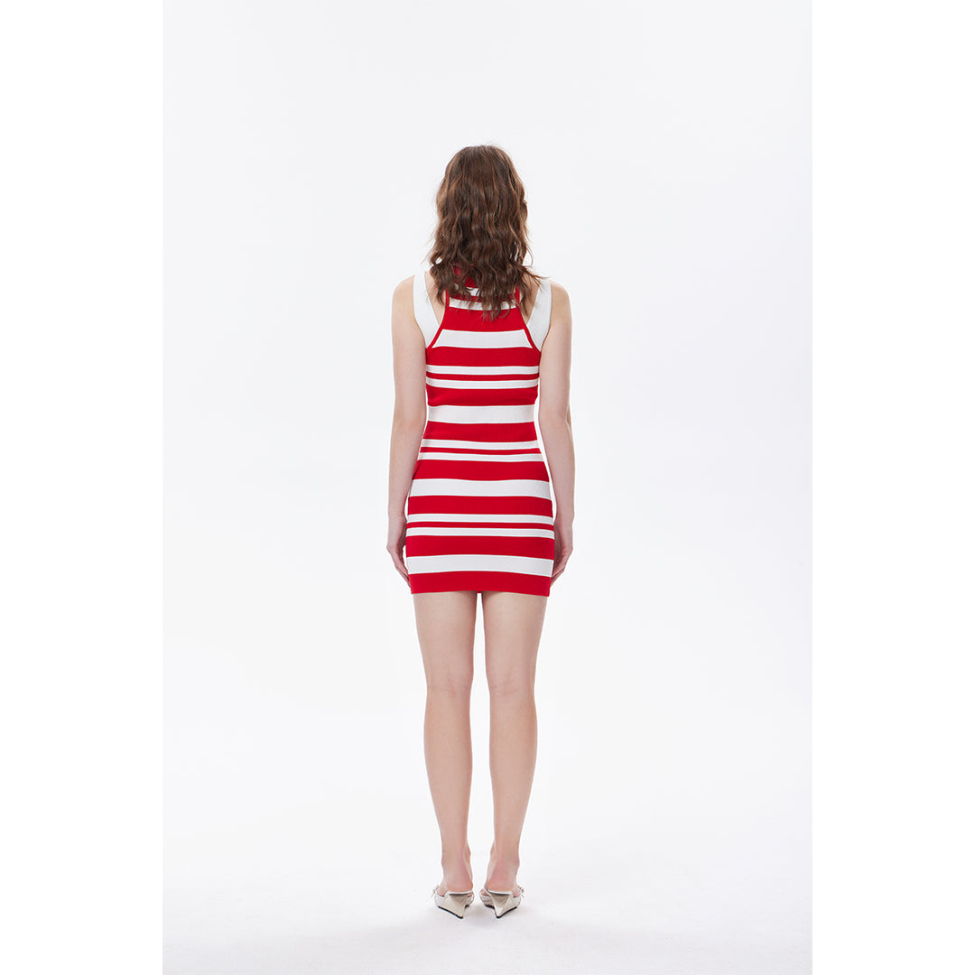 Three Quarters Striped Sleeveless Knit Long Dress Red