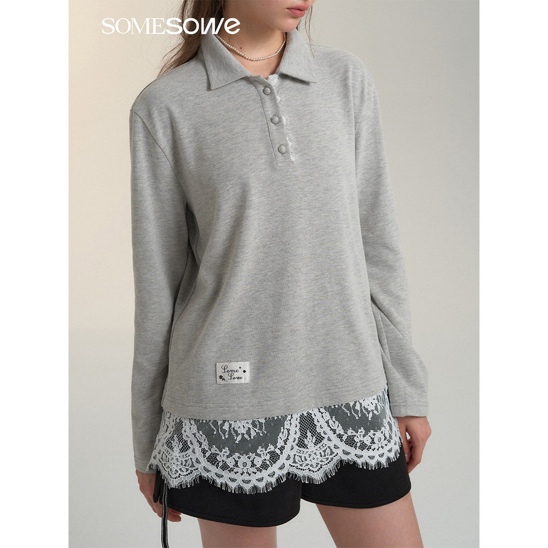 SomeSowe Lace Patchwork Polo Long Sleeve T-Shirt Gray