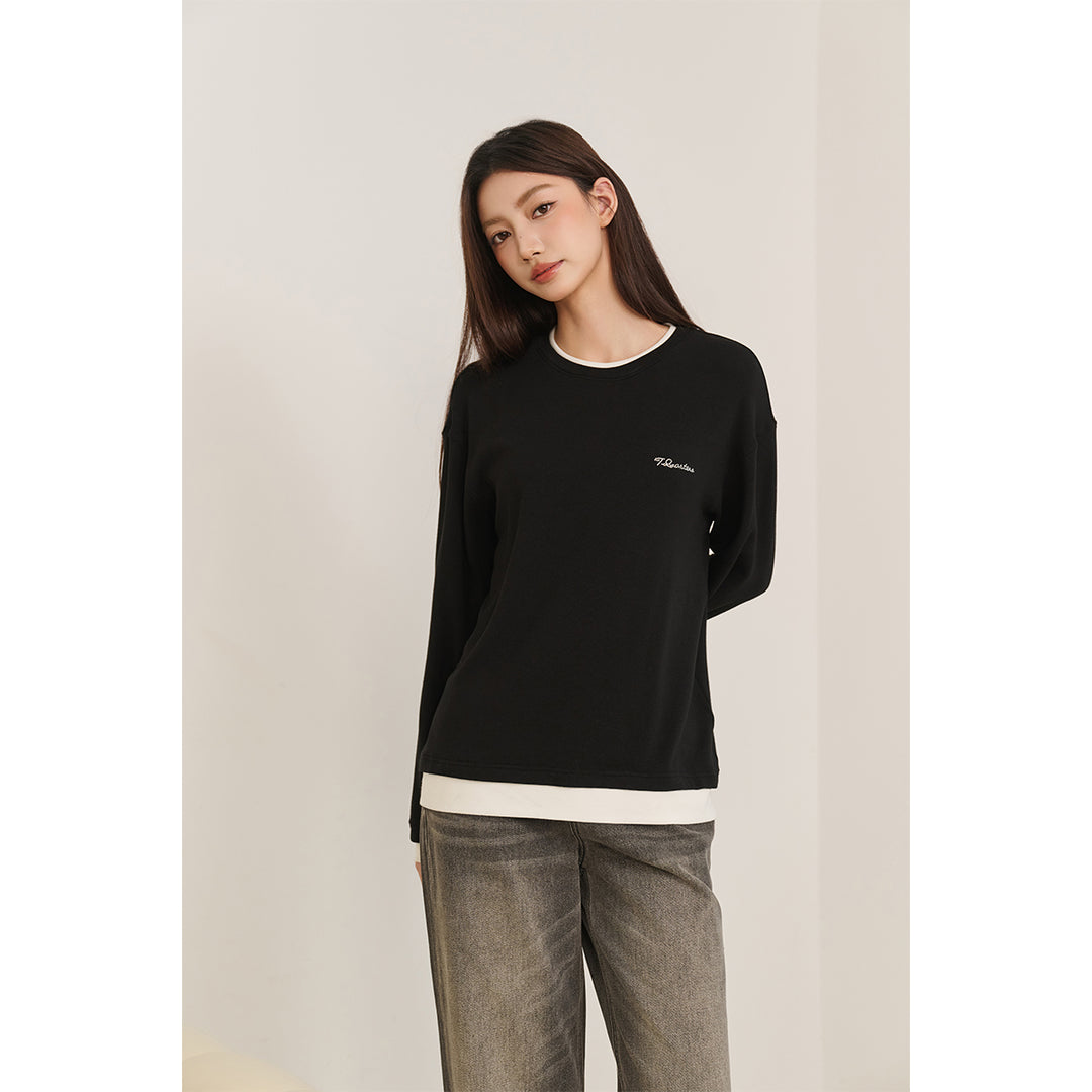 Three Quarters Fake-2-Piece Mousse Cashmere Loose Top Black