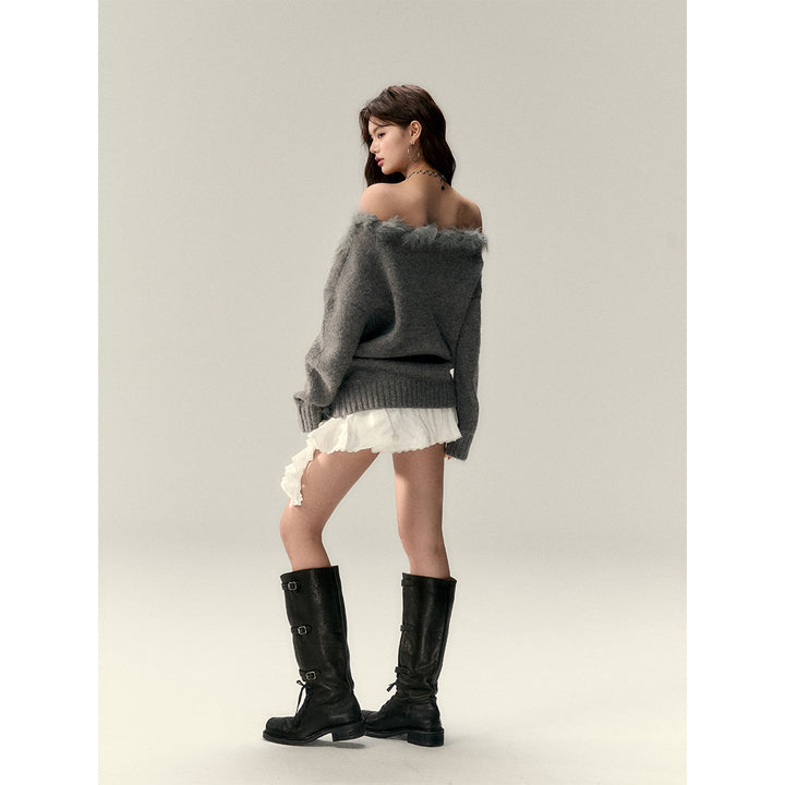 Via Pitti Off Shoulder Fur Integrated Knit Sweater Gray