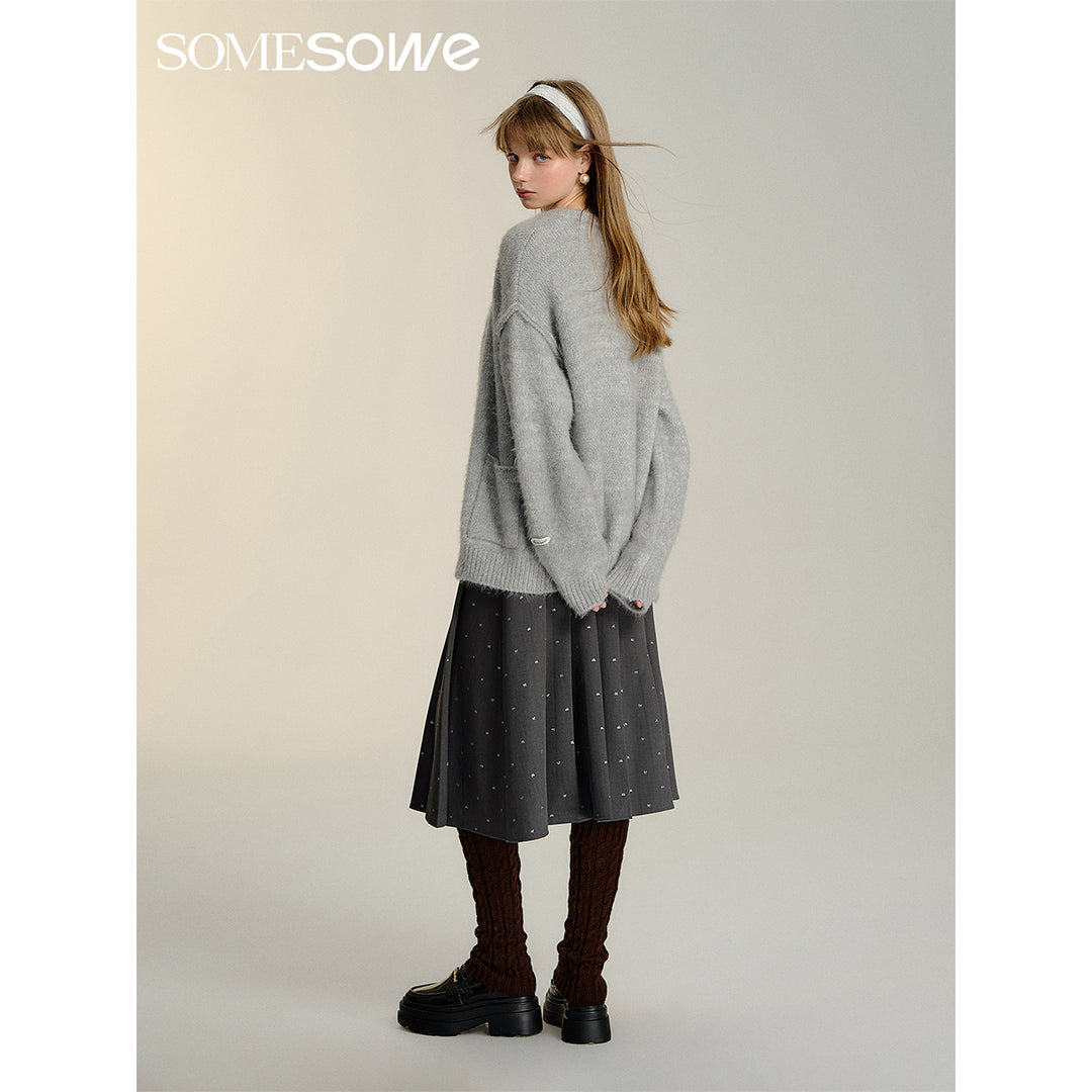 SomeSowe Silhouette Lace Up Furry Cardigan Gray