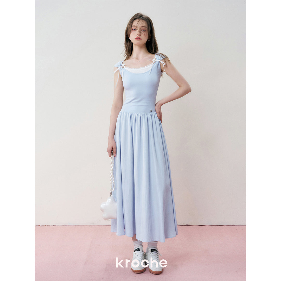 Kroche Fake-2-Piece Patchwork Casual Dress Blue