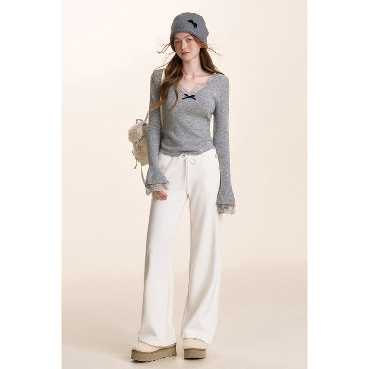 Kroche Drawstring High Waist Wide-Leg Casual Pants White