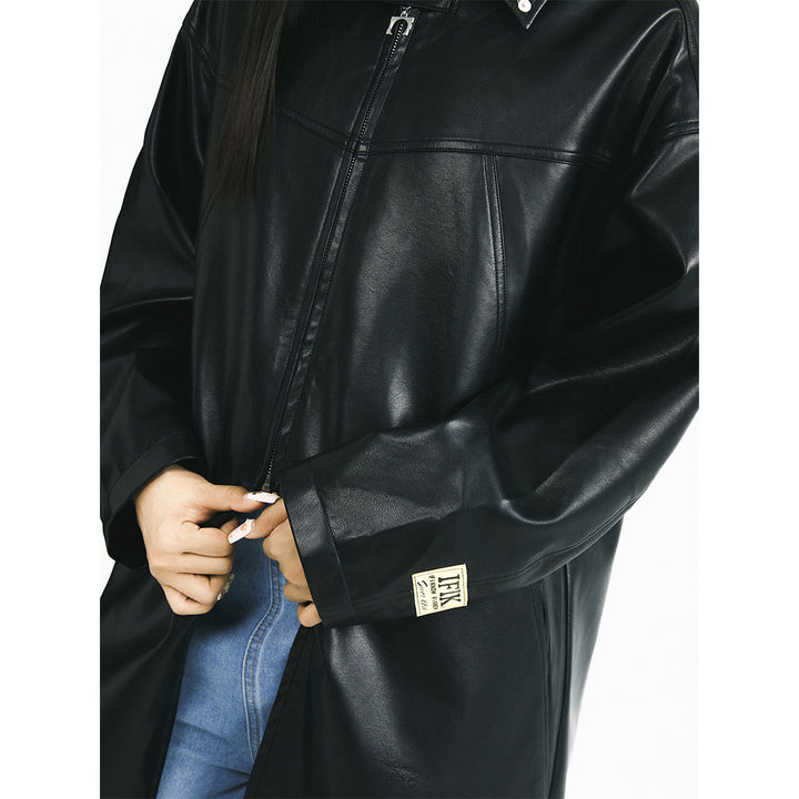 IFIK Oversized Zipper Leather Hooded Coat Black - Mores Studio