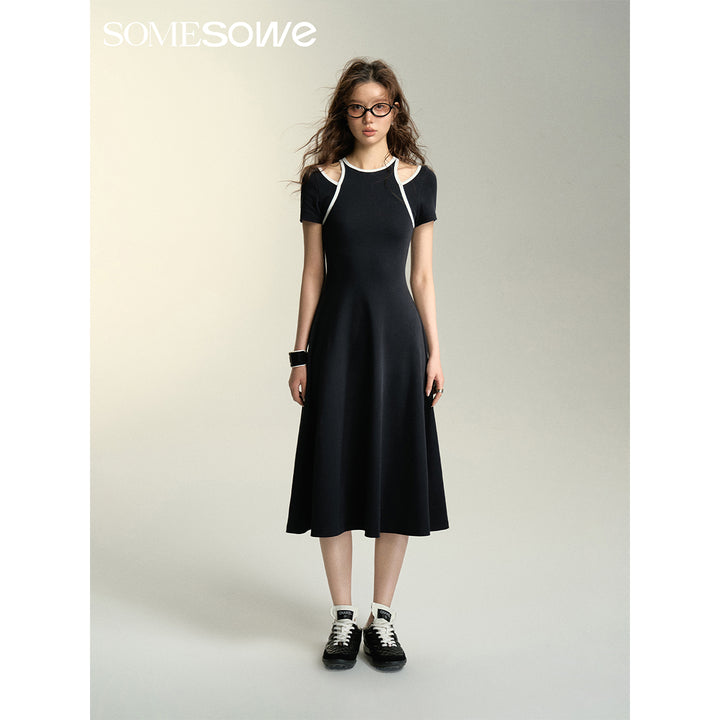 SomeSowe Contrast Color Halter Short-Sleeved Midi Dress