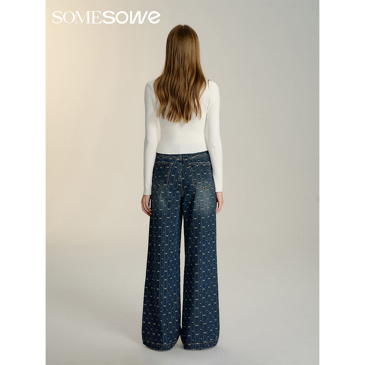 SomeSowe Vintage Bow Wide-Leg Jeans Blue