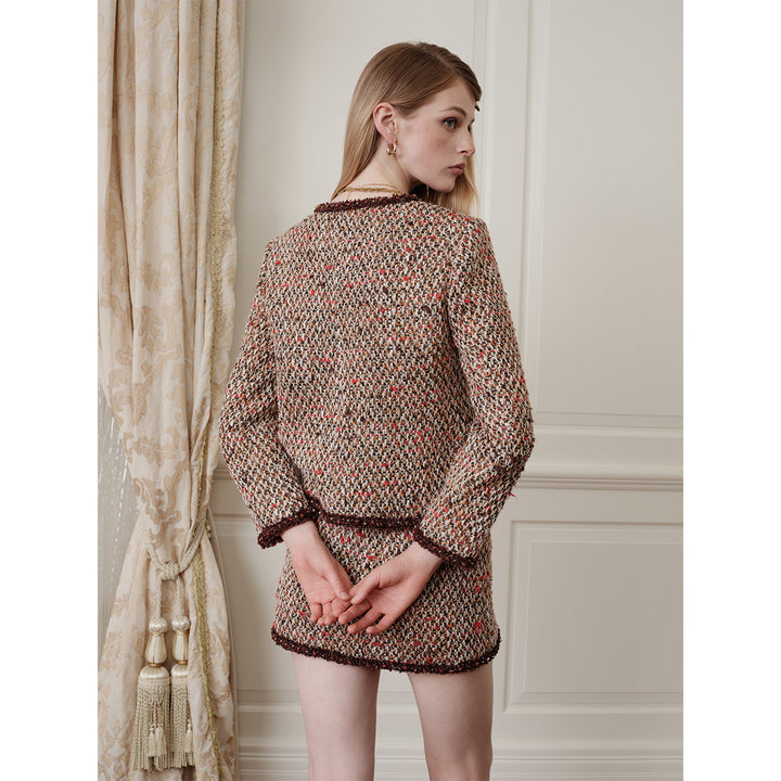 Rocha Roma Hand-Edge Drilled Tweed Skirt Brown