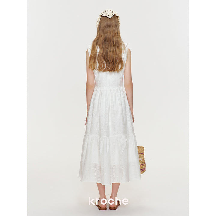 Kroche Ruffled Rose Pin Hollow Out Lace Dress White